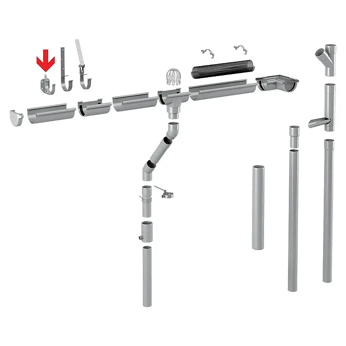 FunkeGruppe Dachrinnenhalter - Nennweite: 100 mm, Kunststoff, Grau - Übersichtsdarstellung von Dachrinnenbauteilen und Zubehör, inklusive Aufhängungen. Ideal für die Regenwasserableitung vom Dach.