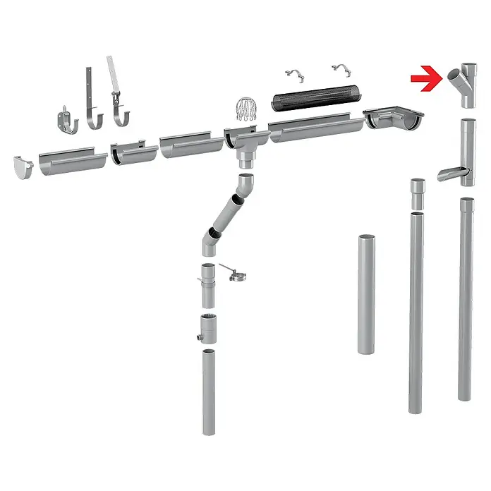 FunkeGruppe Fallrohrabzweig - Nennweite Zubehör Dachrinnen: 75/75 mm, Winkel: 45 °, Kunststoff, Grau - Regenrinnen-Y-Verbindungsstück aus Aluminiumguss mit rotem Pfeil, Detailaufnahme für verbesserte Dachrinnen-Leistung.