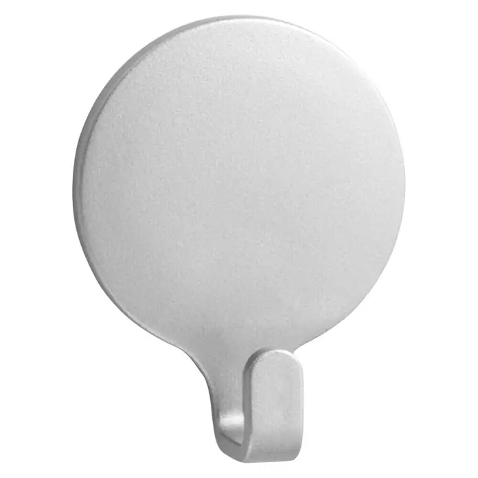 Inofix Colgador adhesivo 2170 - Cromo, 2 ud., Redonda - Primer plano de un gancho adhesivo redondo plateado, perfecto para el baño o la cocina, que ofrece un fácil almacenamiento sin necesidad de taladrar.