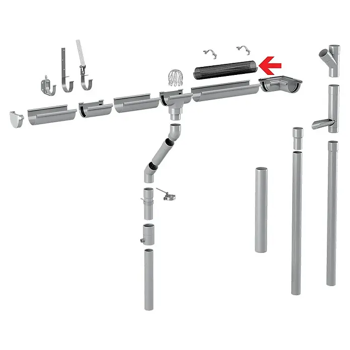 FunkeGruppe Laubfanggitter - Nennweite Zubehör Dachrinnen: 100 - 125 mm, Länge: 200 cm - Ein schwarzer Dachrinnenfilter, der in ein Dachrinnensystem integriert ist, um Laub und Schmutz fernzuhalten. Ideal für die Dachwartung!
