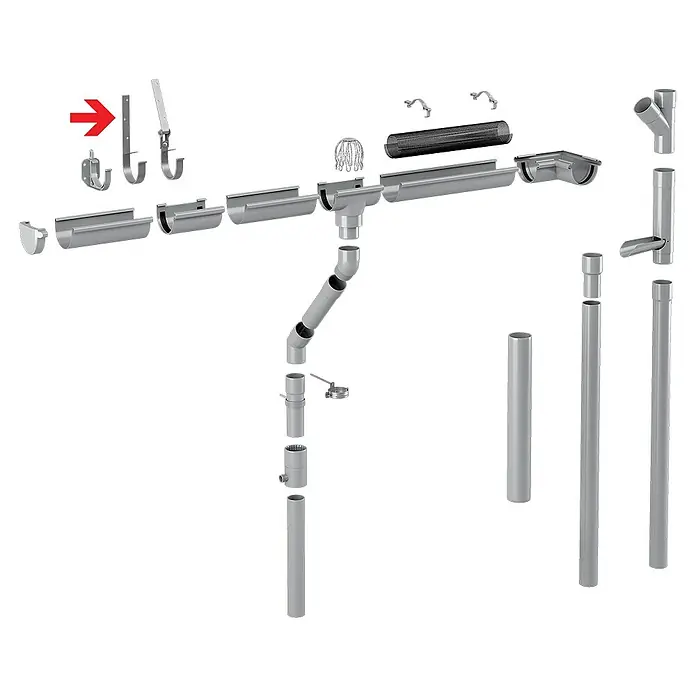 FunkeGruppe Rinneneisen - Nennweite: 70 mm, Stahl, Blank - Hier ist eine Darstellung von Dachrinnenhalterungen aus Metall. Die Halterungen sind robust und einfach zu montieren.