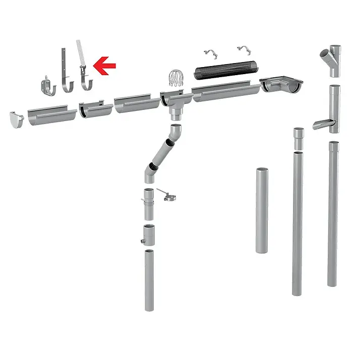 FunkeGruppe Rinneneisen mit Drehgelenk - Nennweite: 125 mm, Stahl, Braun - Detailaufnahme einer Dachrinnenhalterung, die ein wesentlicher Bestandteil eines Dachrinnensystems zur sicheren Befestigung ist.