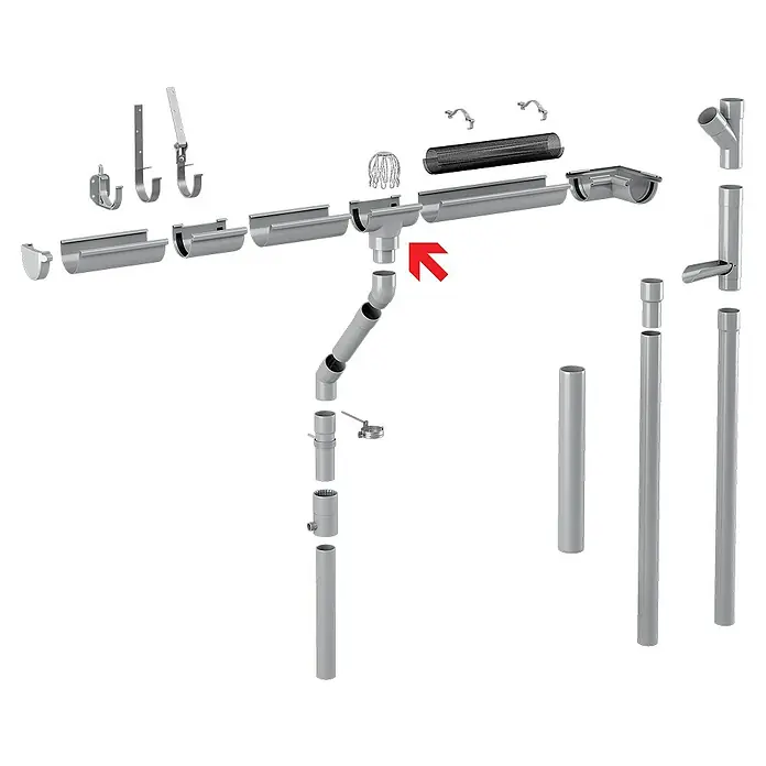 FunkeGruppe Rinnenstutzen - 125/75 mm, Kunststoff, Braun - Eine Nahaufnahme eines Regenrinnensystems, das die Verbindung zwischen Rinne und Fallrohr mit einem roten Pfeil hervorhebt.