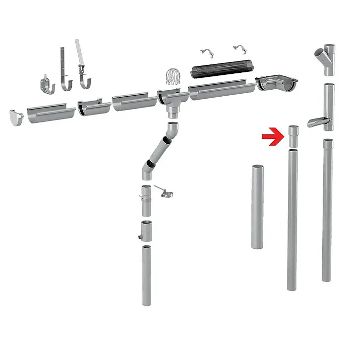 FunkeGruppe Fallrohrmuffe - Nennweite: 75 mm, Kunststoff, Braun - Das Bild zeigt ein Dachrinnen-Fallrohrsystem, das aus mehreren modularen Komponenten besteht. Detailreiche Darstellung der einzelnen Systemelemente.