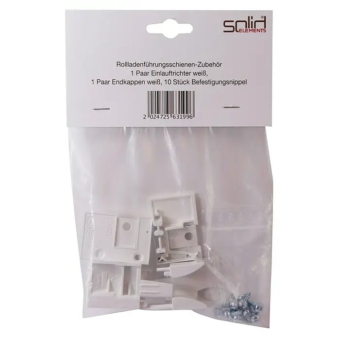 Solid Elements Zubehör-Set für Rollladenführungsschienen - Passend für: Rollladenführungsschiene 1500 mm & 2100 mm - Das Bild zeigt eine Packung Rollladenführungsschienen-Zubehör von Solid Elements, inklusive Einlauftrichtern, Endkappen und Befestigungsnippeln.