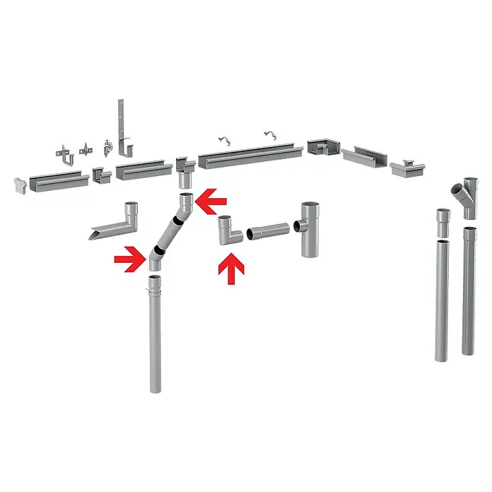 FunkeGruppe Fallrohrbogen - Nennweite: 50 mm, Winkel: 45 °, Kunststoff, Braun - Produktabbildung zeigt ein modulares Rohrsystem mit verschiedenen Verbindungsstücken, Winkeln und geraden Abschnitten, dargestellt auf schwarzem Hintergrund.