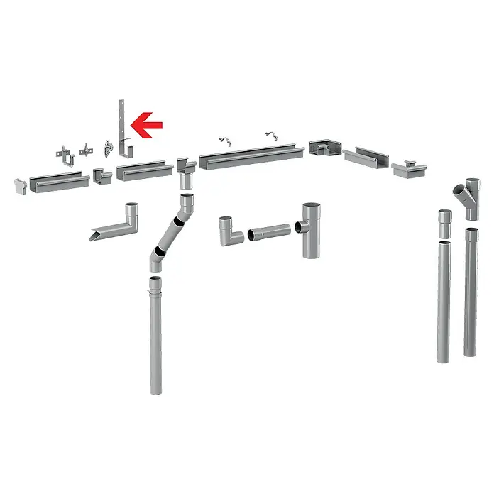 FunkeGruppe Kastenrinnenhalter - Nennweite: 70 mm, Braun, Stahl - Produktabbildung eines grauen Dachrinnensystems mit einem rechteckigen, vertikalen Fallrohrstück, das mit einer roten Markierung hervorgehoben ist.