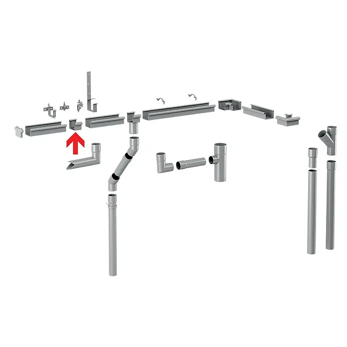 FunkeGruppe Rinnenverbinder - Nennweite: 70 mm, Kunststoff, Grau - Darstellung eines grau gefärbten Dachrinnen-Systems mit verschiedenen Komponenten und Verbindungsstücken für die Installation.