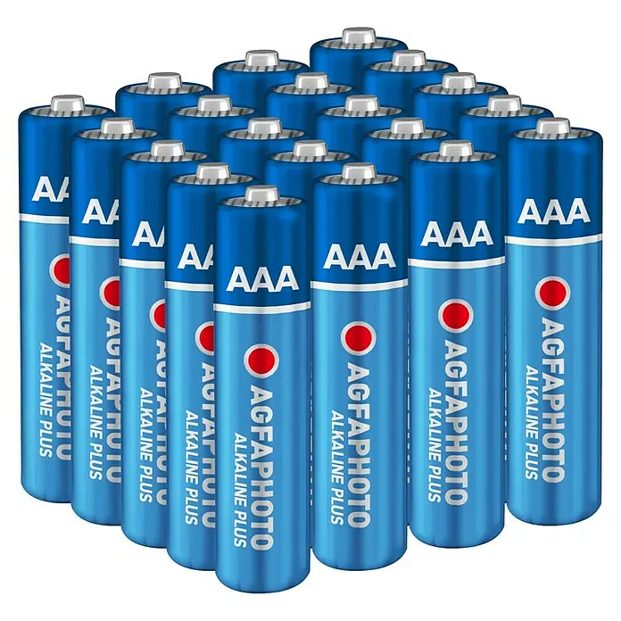 Agfaphoto Batterie - Micro AAA, Alkali-Mangan, 1,5 V, 20 Stk. - Das Bild zeigt eine Gruppierung von AgfaPhoto Alkaline Plus Batterien in den Größen AA und AAA.