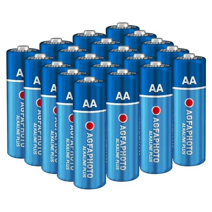 Agfaphoto Batterie - Mignon AA, Alkali-Mangan, 1,5 V, 20 Stk. - Nahaufnahme von blauen AgfaPhoto Alkaline Plus AA-Batterien, die sich ideal für den täglichen Gebrauch eignen.