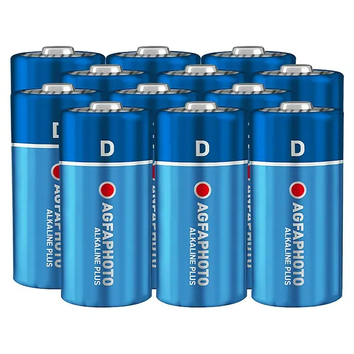 Agfaphoto Batterie - Mono D, Alkali-Mangan, 1,5 V, 12 Stk. - Nahaufnahme von einer Gruppe blauer AGFA D-Alkaline-Plus-Batterien, die Energie für Ihre Geräte liefern.