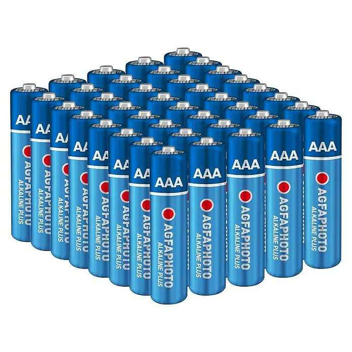 Agfaphoto Batterie - Micro AAA, Alkali-Mangan, 1,5 V, 40 Stk. - Eine Ansammlung von blauen AgfaPhoto Alkaline Plus Batterien in AA und AAA Größen, die für zuverlässige Leistung in verschiedenen Geräten sorgen.