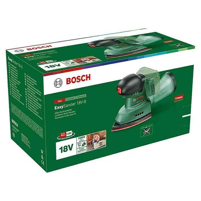 Bosch Power for All 18V Akku-Deltaschleifer EasySander 18V-8 - 18 V, Ohne Akku, Leerlaufschwingzahl: 22.000 U/min - Das Bild zeigt die Verpackung eines Bosch EasySander 18V-8 Akku-Multischleifers, ideal für Heimwerkerarbeiten.
