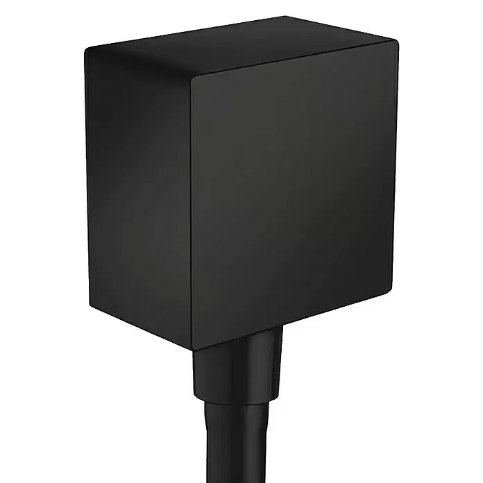 Hansgrohe Brauseanschluss FixFit Square - ½″, Schwarz - Mattschwarzes quaderförmiges Bauteil mit Rohrverbindung.