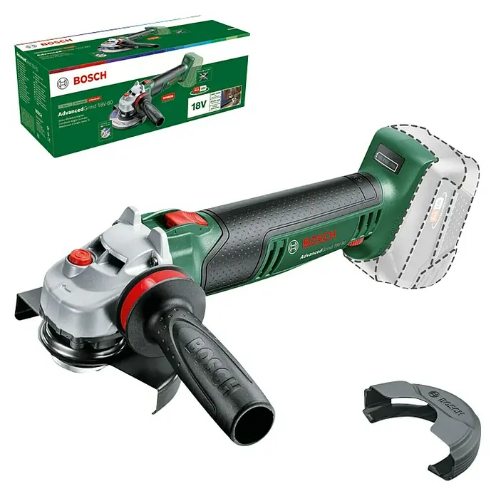 Bosch Power for All 18V Akku-Winkelschleifer AdvancedGrind 18V-80 - 18 V, Ohne Akku, 125 mm, 2.800 U/min - 12.000 U/min - Abbildung des Bosch AdvancedGrind 18V-80 Akku-Winkelschleifers mit Zubehör und Verpackung.