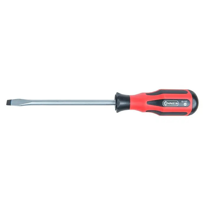 Connex Destornillador COX311150 - SL 8 mm, Longitud de la hoja: 150 mm - Un destornillador de punta plana Connex 8x150 con mango rojo y negro, ideal para diversas tareas de atornillado.