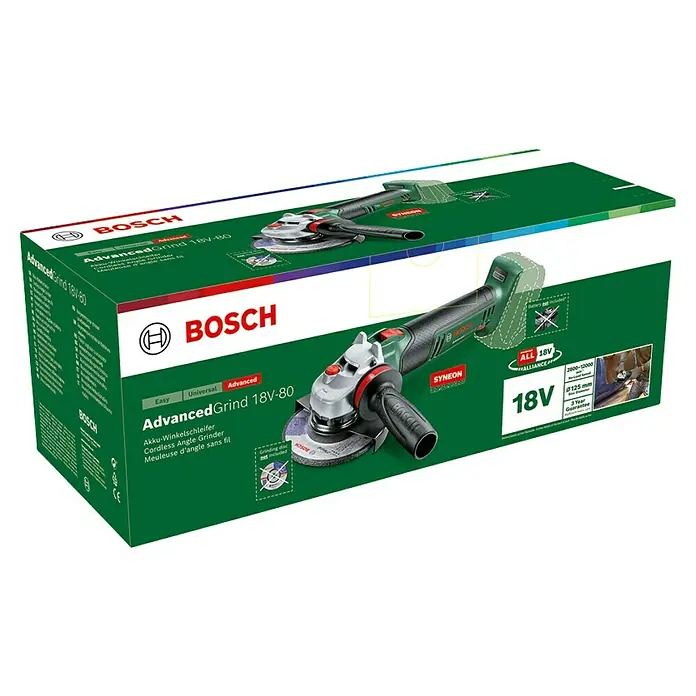 Bosch Power for All 18V Akku-Winkelschleifer AdvancedGrind 18V-80 - 18 V, Ohne Akku, 125 mm, 2.800 U/min - 12.000 U/min - Bild einer Verpackung des Bosch AdvancedGrind 18V-80 Akku-Winkelschleifers, ideal für Schleifarbeiten.