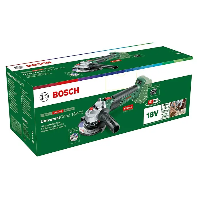 Bosch Power for All 18V Akku-Winkelschleifer UniversalGrind 18V-75 - Ohne Akku, Durchmesser Scheibe: 125 mm - Abbildung einer Bosch UniversalGrind 18V-75 Akku-Winkelschleifer-Box mit Produktbild und technischen Details.