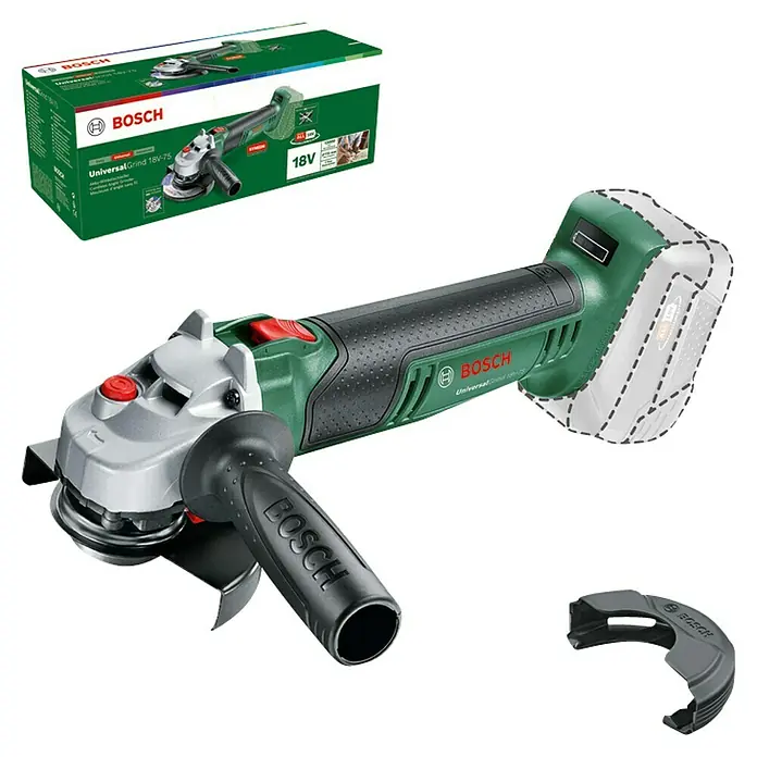 Bosch Power for All 18V Akku-Winkelschleifer UniversalGrind 18V-75 - Ohne Akku, Durchmesser Scheibe: 125 mm - Das Bild zeigt einen Akku-Winkelschleifer "UniversalGrind 18V-75" von Bosch, zusammen mit der Originalverpackung und Zubehör.