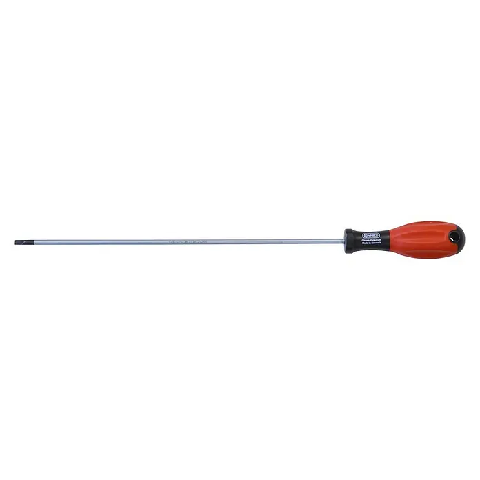 Connex Destornillador para electricista COX310250 - SL 4 mm, Longitud de la hoja: 250 mm - Imagen de un destornillador de cabeza plana con mango naranja, diseñado para tornillos con una sola ranura.