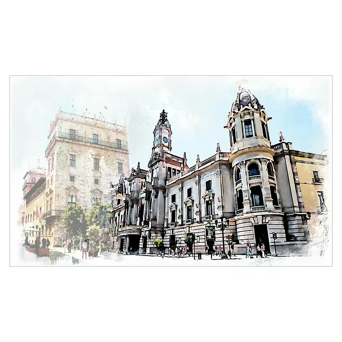 Cuadro pintado a mano Ayuntamiento Valencia - Ayuntamiento Valencia, An x Al: 135 x 80 cm - Paisajes urbanos históricos: grandeza arquitectónica del Ayuntamiento y el edificio histórico, que se mezcla con una animada escena urbana.