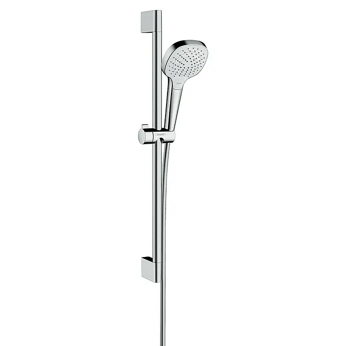 Hansgrohe Croma Select E Brausegarnitur 110 Vario - Lochabstand: 62,5 cm, Art Strahl: Rain, TurboRain, IntenseRain, Chrom/Weiß, Wassersparfunktion - Abbildung einer verchromten Handbrause mit Brausestange von Hansgrohe, ideal für moderne Badezimmer. Elegantes Design für ein stilvolles Duscherlebnis.
