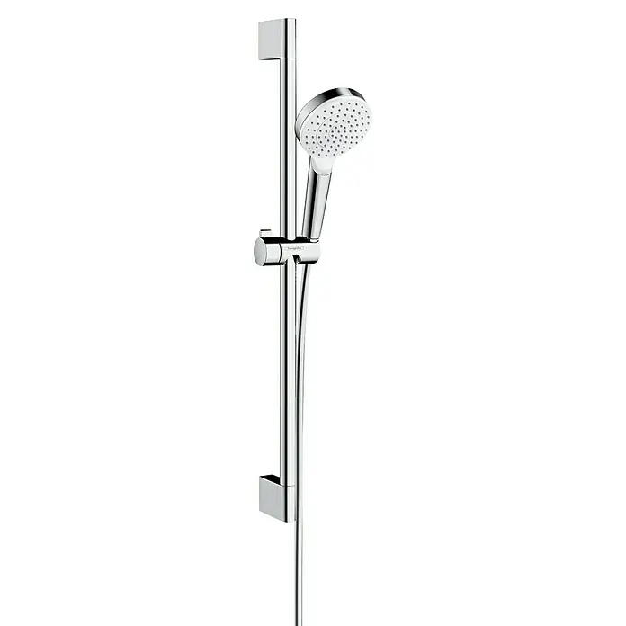 Hansgrohe Crometta Brausegarnitur 100 - Lochabstand: 62,5 cm, Art Strahl: Rain, Chrom, Wassersparfunktion - Abbildung einer modernen Handbrause mit verstellbarer Halterung und Chromoberfläche vor schwarzem Hintergrund.