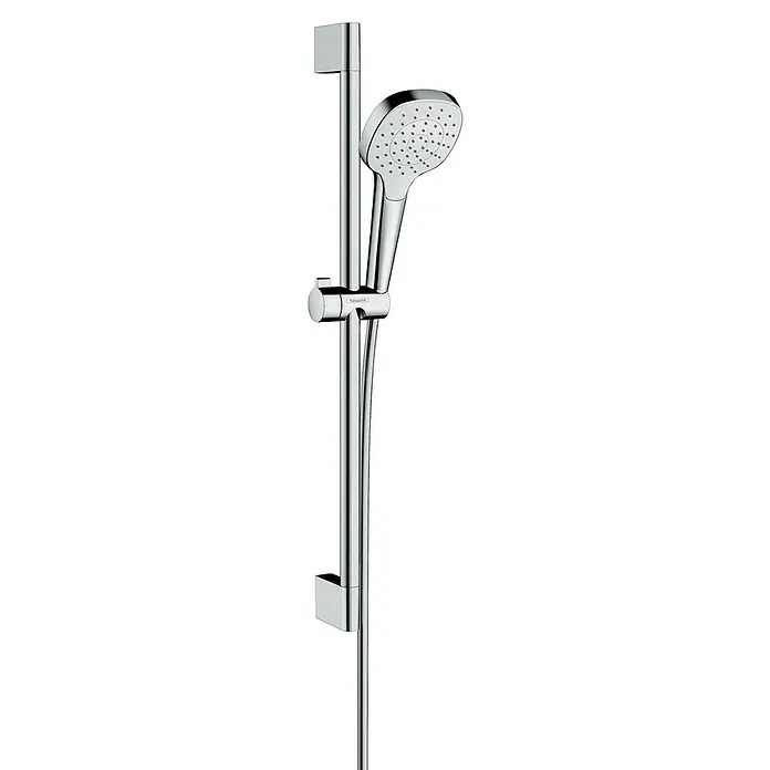 Hansgrohe Croma Select E Brausegarnitur 110 - Lochabstand: 62,5 cm, Art Strahl: Rain, Chrom/Weiß, Wassersparfunktion - Eine elegante Handbrause mit Brausestange in Chromoptik. Das Set ist modern und passt ideal ins Badezimmer.