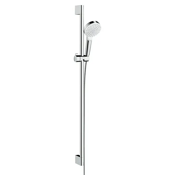Hansgrohe Crometta Brausegarnitur 100 - Lochabstand: 91,5 cm, Art Strahl: Rain, Chrom - Eine glänzende Chrom-Duschstange mit Handbrause, die modernes Design und Funktionalität vereint. Perfekt für jedes Badezimmer.