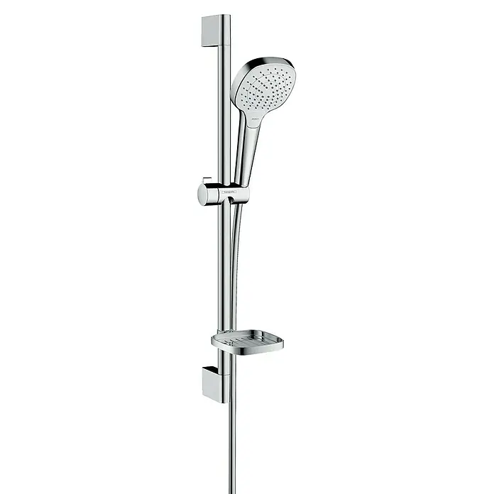 Hansgrohe Croma Select E Brausegarnitur 110 Vario - Lochabstand: 62,5 cm, Art Strahl: TurboRain, IntenseRain, Rain, Chrom/Weiß - Duschstange mit Handbrause und Seifenablage. Die Handbrause ist verstellbar und bietet verschiedene Strahlarten für ein individuelles Duscherlebnis.