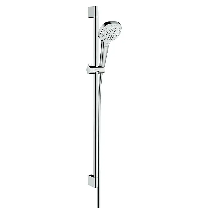 Hansgrohe Croma Select E Brausegarnitur 110 Vario - Lochabstand: 91,5 cm, Art Strahl: Rain, TurboRain, IntenseRain, Chrom/Weiß, Wassersparfunktion - Duschstange mit Handbrause, verstellbar. Die Duschstange in Chromoptik bietet Flexibilität und Komfort beim Duschen.