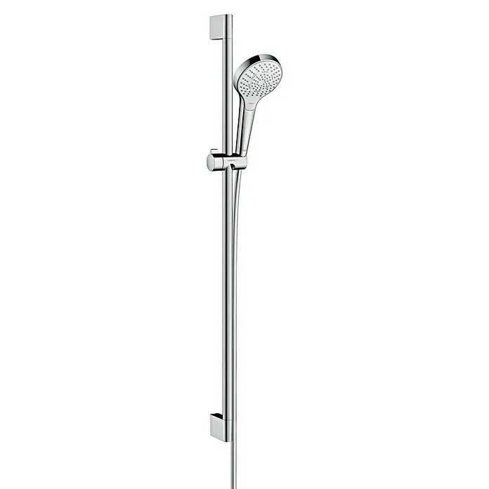 Hansgrohe Croma Select S Brausegarnitur 110 Multi - Lochabstand: 91,5 cm, Art Strahl: SoftRain, IntenseRain, Massagestrahl, Chrom/Weiß - Bild einer Hansgrohe Duschstange mit Handbrause, ideal für moderne Badezimmer. Das verstellbare System bietet Flexibilität und Komfort beim Duschen.
