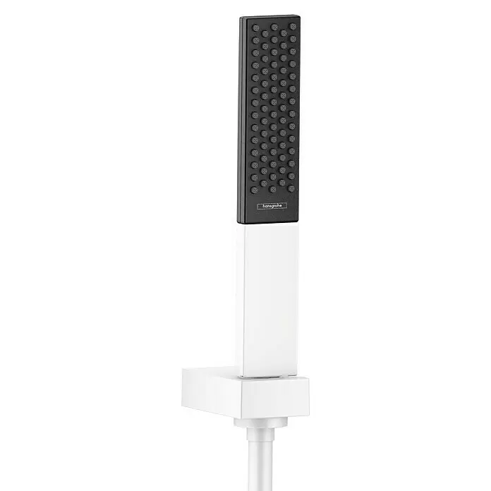 Hansgrohe Rainfinity Brause-Set 100 - Anzahl Strahlarten: 1 Stk., Weiß, Länge Brauseschlauch: 125 cm - Schwarze rechteckige hansgrohe Handbrause mit weißer Halterung.