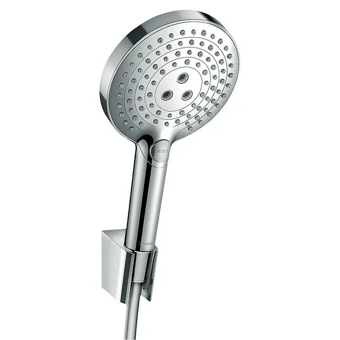 Hansgrohe Brause-Set Raindance Select S 120 - Anzahl Strahlarten: 3 Stk., Chrom, Durchflussmenge: 15 l/min - Nahaufnahme eines verchromten Hansgrohe Handbrause-Sets mit verschiedenen Strahlarten und einer Halterung.