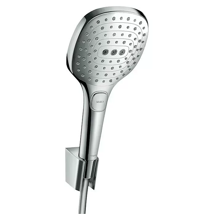 Hansgrohe Brause-Set Raindance Select E 120 - Anzahl Strahlarten: 3 Stk., Durchmesser Handbrause: 12 cm, Chrom - Chromfarbene Handbrause mit 'SELECT'-Taste, mehreren Strahlarten und Wandhalterung mit Schlauch.