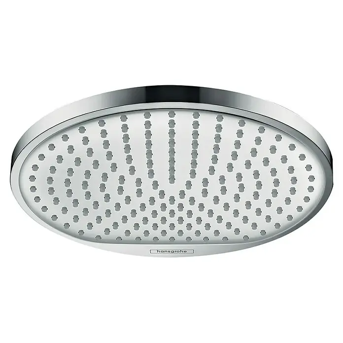 Hansgrohe Crometta Kopfbrause S 240 - Durchmesser: 24 cm, 6,5 l/min, Chrom - Nahaufnahme eines Hansgrohe Duschkopfes aus Chrom mit Wasserdüsen für ein entspannendes Duscherlebnis.