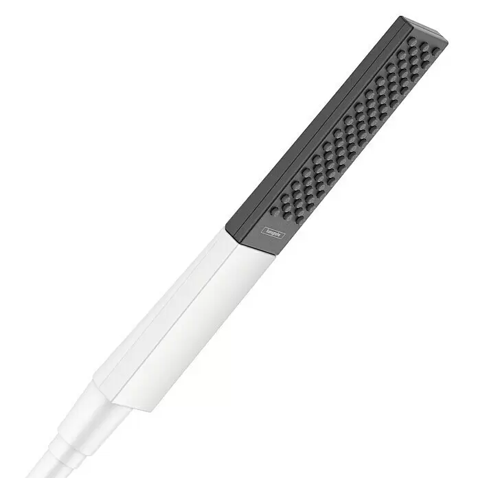 Hansgrohe Rainfinity Handbrause 100 EcoSmart - Anzahl Funktionen: 1 Stk., Länge: 23 cm, Weiß/Graphit - Weiße und dunkelgraue Hansgrohe Rechteck-Handbrause mit strukturierter Düsenfläche, verbunden mit einem weißen Schlauch.