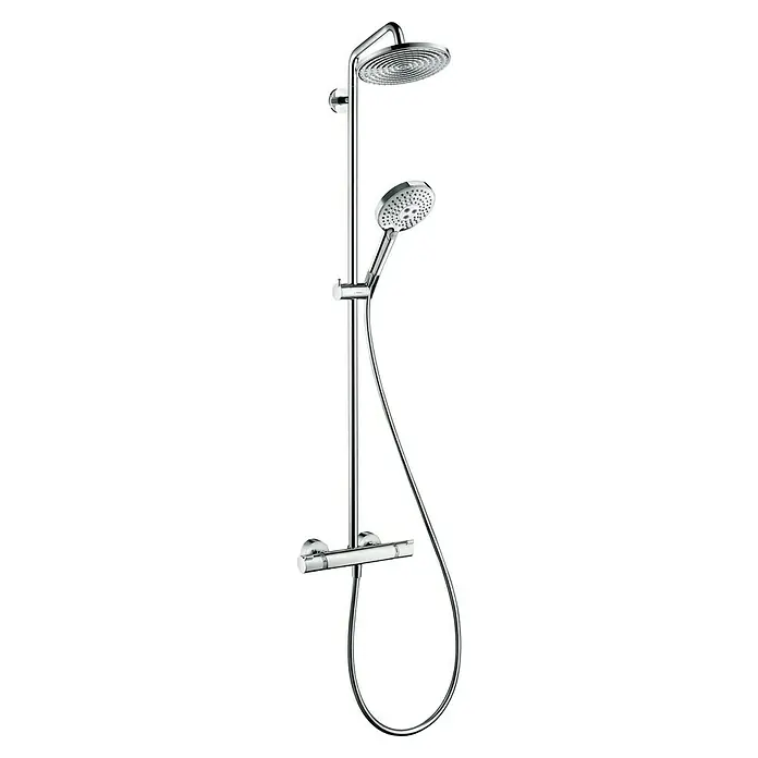 Hansgrohe Raindance Select S Duschsystem 240 - Mit Thermostatarmatur, Lochabstand: 103,8 cm, Anzahl Strahlarten: 3 Stk., Chrom - Bild einer modernen Duschgarnitur mit Kopf- und Handbrause. Die glänzende Chromoberfläche verleiht dem Badezimmer einen eleganten Touch.