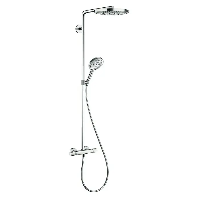 Hansgrohe Raindance Select S Duschsystem 240 - Mit Thermostatarmatur, Lochabstand: 93,5 cm, Anzahl Strahlarten: 3 Stk., Chrom - Abgebildet ist eine moderne Hansgrohe Raindance Dusche in glänzendem Chrom mit Kopf- und Handbrause.