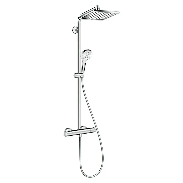 Hansgrohe Crometta Duschsystem E 240 Eco - Mit Thermostatarmatur, Lochabstand: 103,4 cm, Anzahl Strahlarten: 2 Stk., Chrom - Duschsystem mit Kopf- und Handbrause in Chrom-Optik. Das schlanke Design bietet modernen Komfort und ein entspannendes Duscherlebnis.