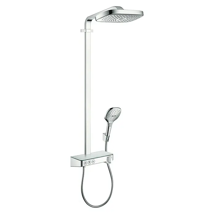 Hansgrohe Raindance Select E Duschsystem 300 - Mit Thermostatarmatur, Anzahl Strahlarten: 4 Stk., Chrom - Elegantes Duschsystem mit Kopf- und Handbrause in Chromoptik für ein luxuriöses Duscherlebnis. Modernes Design für jedes Badezimmer.