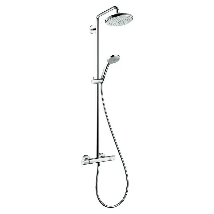 Hansgrohe Croma Duschsystem 220 - Mit Thermostatarmatur, Lochabstand: 150 mm, Anzahl Strahlarten: 4 Stk., Chrom - Duschsäule mit Kopf- und Handbrause in glänzendem Chromdesign, ideal für moderne Badezimmer. Hochwertige Verarbeitung für ein luxuriöses Duscherlebnis.