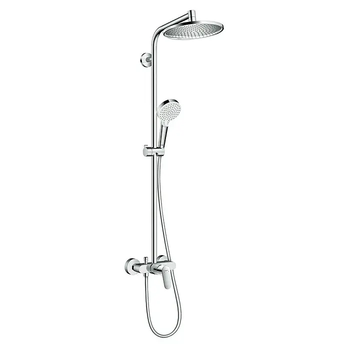 Hansgrohe Crometta Duschsystem S 240 - Mit Einhebelmischer, Anzahl Strahlarten: 2 Stk., Chrom - Abbildung einer Duschgarnitur mit Kopf- und Handbrause. Die glänzende Armatur bietet ein luxuriöses Duscherlebnis mit modernem Design.