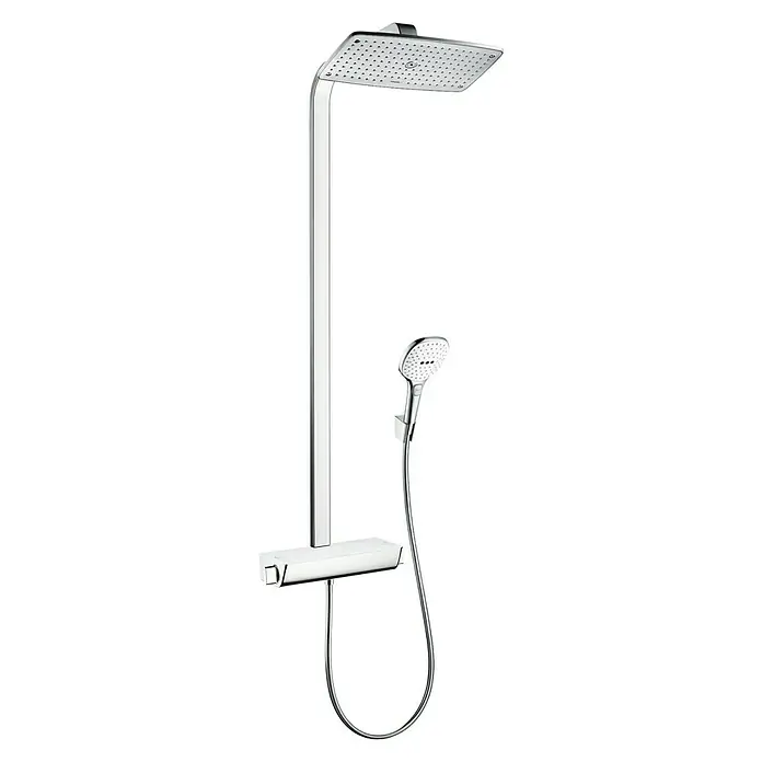 Hansgrohe Raindance Select E Duschsystem 360 - Mit Thermostatarmatur, Lochabstand: 97 cm, Anzahl Strahlarten: 3 Stk., Weiß/Chrom - Elegante Duscharmatur mit Kopf- und Handbrause. Das moderne Design in Chromoptik wertet jedes Badezimmer auf.