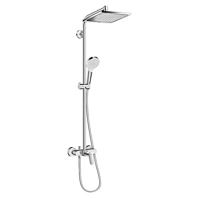 Hansgrohe Crometta Duschsystem E - Lochabstand: 138 cm - 162 cm, Chrom - Chrom-Duschsystem mit quadratischem Kopfbrause, Handbrause und Thermostatmischer.