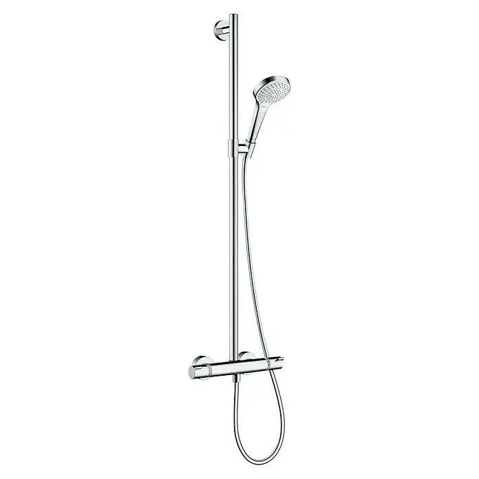 Hansgrohe Croma Select S Duschsystem Multi - Chrom, Art Strahl: SoftRain, IntenseRain und Massagestrahl - Abbildung einer Hansgrohe Duscharmatur mit Brausestange, Handbrause und Thermostatbatterie in Chrom. Funktionell und modern.
