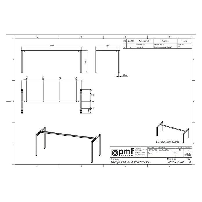 pmf Piètement de table acier de construction 199 x 79 x 73 cm