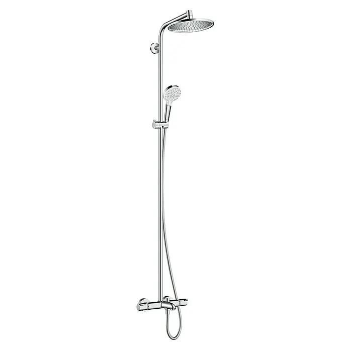 Hansgrohe Crometta Duschsystem S 240 Wanne - Mit Thermostatarmatur, Lochabstand: 140,5 cm, Anzahl Strahlarten: 2 Stk., Chrom - Duschsystem mit Kopf- und Handbrause, elegantem Design in Chrom für ein modernes Badezimmererlebnis.
