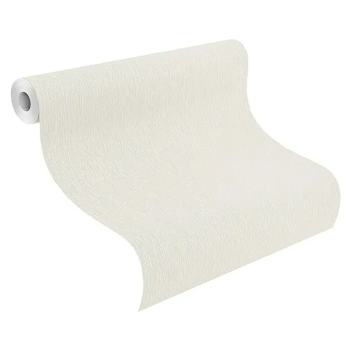 Rasch Tapetenwechsel Vliestapete Line - Weiß, Uni, 10,05 x 0,53 m - Nahaufnahme einer Rolle stilvoller, cremefarbener Tapete mit einer subtilen Textur, perfekt für ein modernes Interieur.