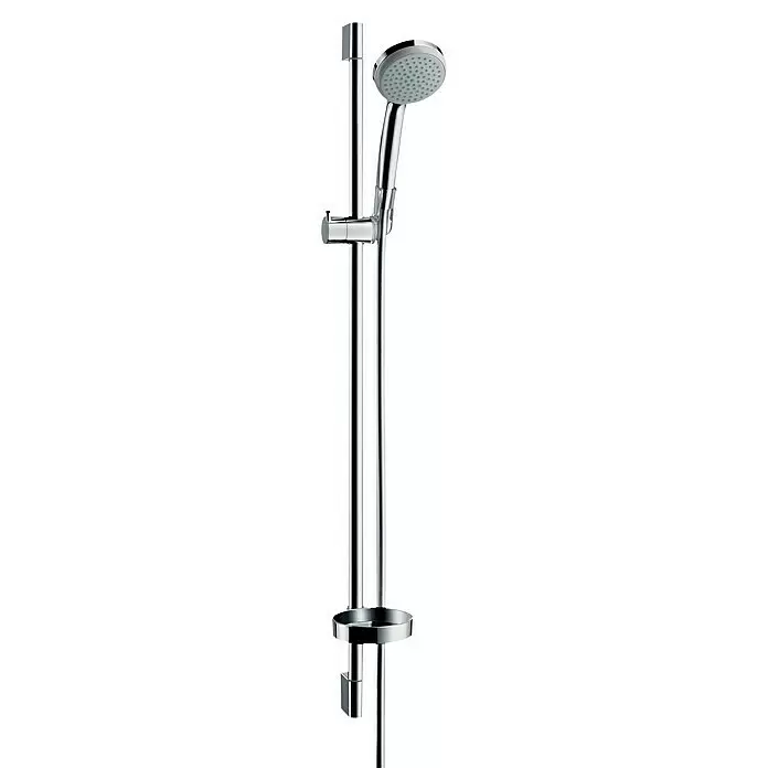 Hansgrohe Croma 100 Brausegarnitur Mono - Lochabstand: 91,5 cm, Art Strahl: Rain, Chrom - Chromfarbenes Duschset mit Handbrause an einer vertikalen Brausestange.